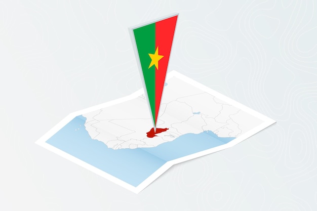 Isometric paper map of Burkina Faso with triangular flag of Burkina Faso in isometric style Map on topographic background