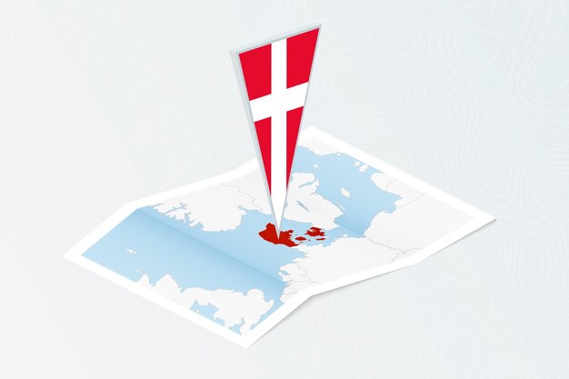 Isometric paper map of Denmark with triangular flag of Denmark in isometric style Map on topographic background