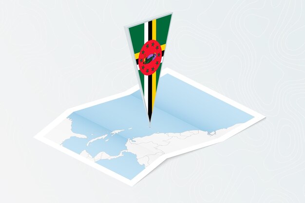 Vector isometric paper map of dominica with triangular flag of dominica in isometric style map on topographic background