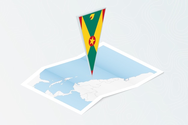 Isometric paper map of Grenada with triangular flag of Grenada in isometric style Map on topographic background