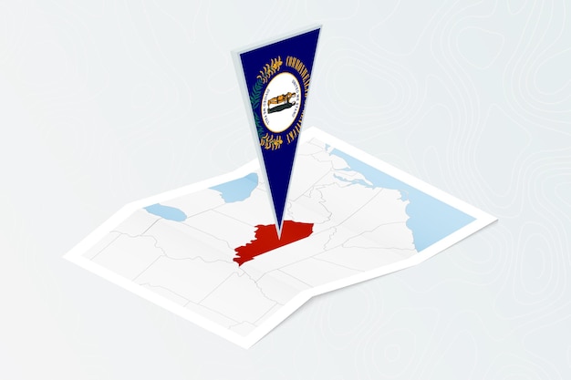 지형 배경에 아이소메트릭 스타일 지도에서 켄터키의 삼각 국기와 켄터키의 아이소메트릭 종이 지도