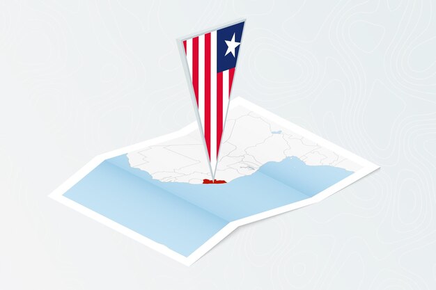 Isometric paper map of Liberia with triangular flag of Liberia in isometric style Map on topographic background