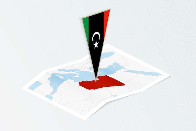 지형 배경에 아이소메트릭 스타일 지도에 리비아의 삼각 국기와 리비아의 아이소메트릭 종이 지도