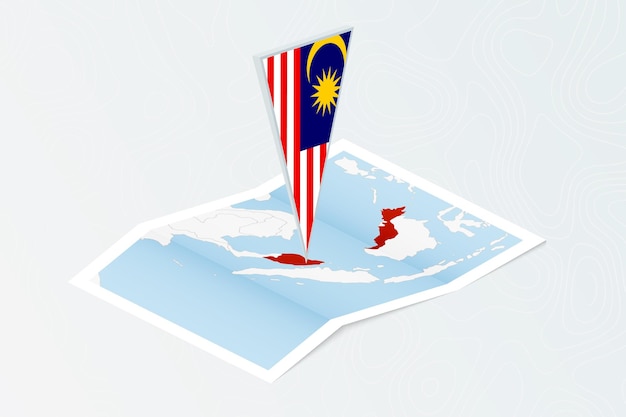 Isometric paper map of Malaysia with triangular flag of Malaysia in isometric style Map on topographic background