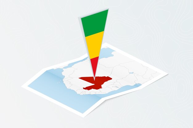 Isometric paper map of Mali with triangular flag of Mali in isometric style Map on topographic background