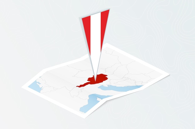 Isometric paper map of Morocco with triangular flag of Morocco in isometric style Map on topographic background