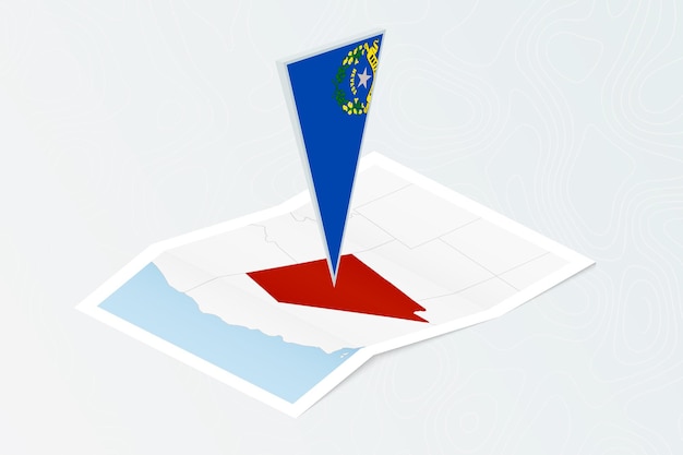 Isometric paper map of Nevada with triangular flag of Nevada in isometric style Map on topographic background