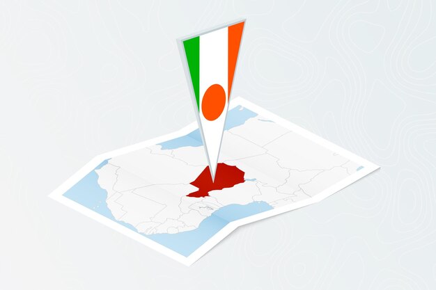 Isometric paper map of Niger with triangular flag of Niger in isometric style Map on topographic background