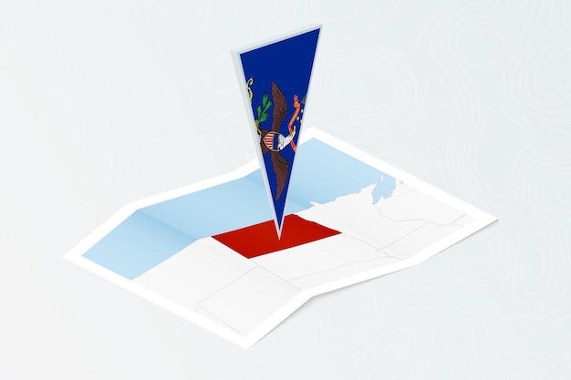 Isometric paper map of North Dakota with triangular flag of North Dakota in isometric style Map on topographic background