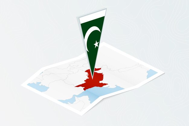 Vettore mappa cartacea isometrica del pakistan con bandiera triangolare del pakistan in stile isometrico mappa su sfondo topografico