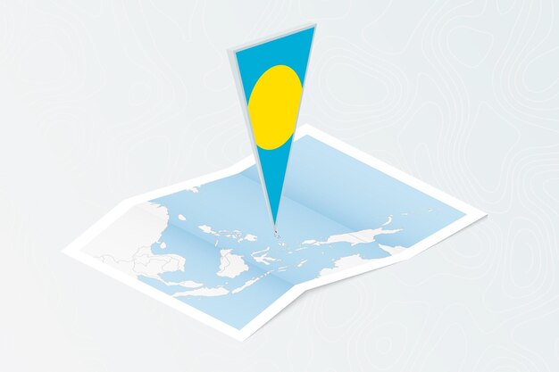 地形の背景に等角図スタイル マップでパラオの三角形の旗とパラオの等尺性の紙の地図