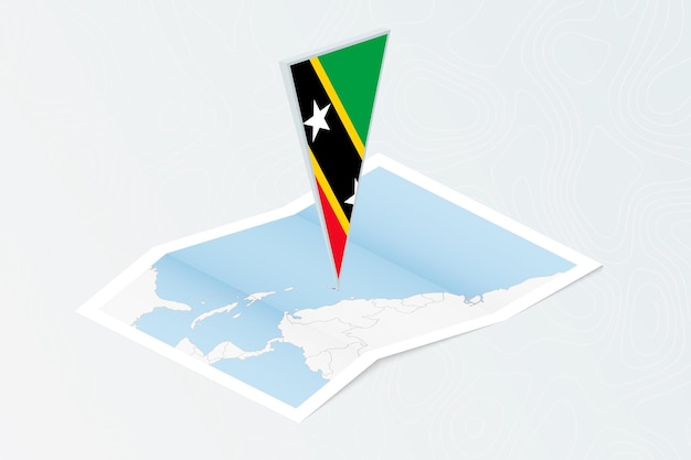 Vector isometric paper map of saint kitts and nevis with triangular flag of saint kitts and nevis in isometric style map on topographic background