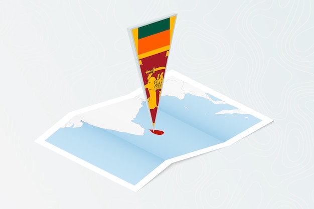 Isometric paper map of Sri Lanka with triangular flag of Sri Lanka in isometric style Map on topographic background