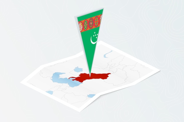 지형 배경에 아이소메트릭 스타일 지도에서 투르크메니스탄의 삼각 국기와 투르크메니스탄의 아이소메트릭 종이 지도