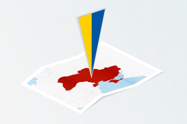 Mappa cartacea isometrica dell'ucraina con bandiera triangolare dell'ucraina in stile isometrico mappa su sfondo topografico