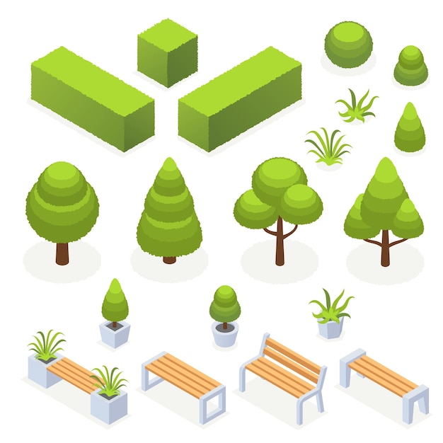 Isometric park landscape elements 3d city outdoor objects Modern streen bench