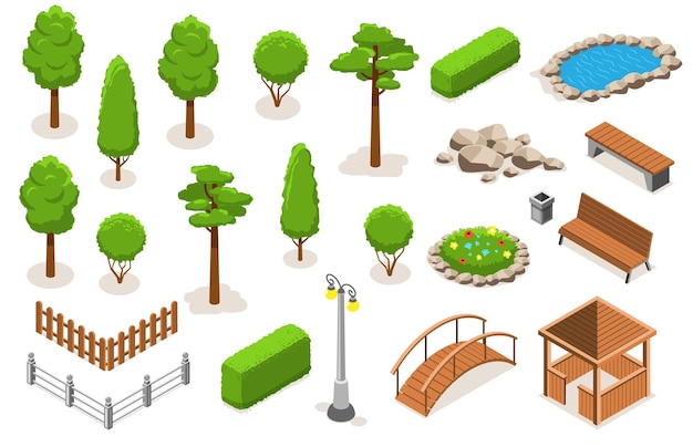Vector isometric park landscape elements icon set with trees bushes flower bed pond gazebo bridge different types of benches fences and street lamps vector illustration