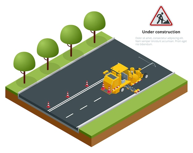 Vernice isometrica per segnaletica stradale in asfalto e strisce con applicatore a spruzzo termoplastico durante i lavori di costruzione di autostrade. un veicolo speciale pulisce la pista. illustrazione vettoriale