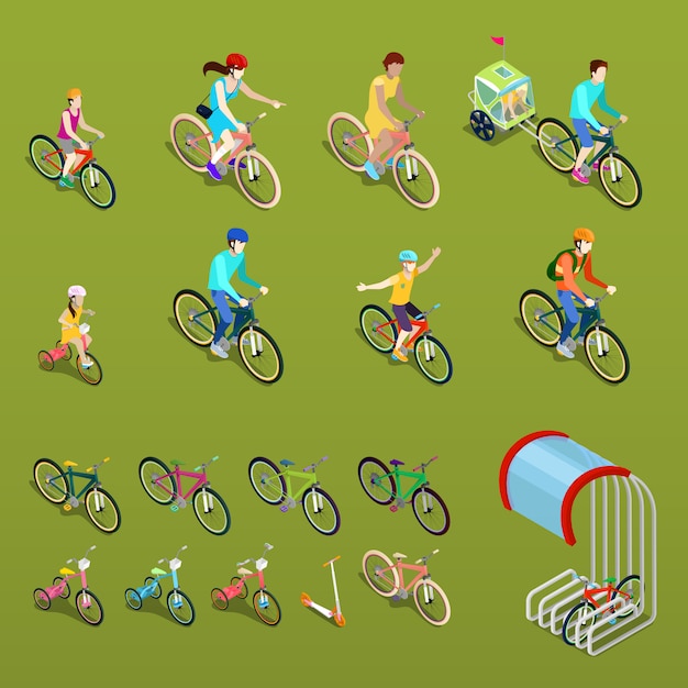 Isometric People on Bicycles. City Bike, Family Bike and Children Bicycle.