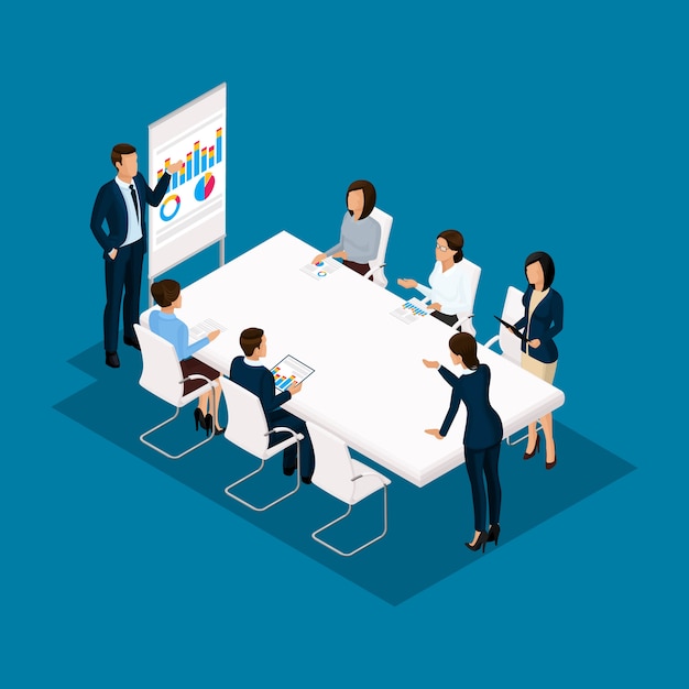 Isometric people, businessmen 3D business woman. Discussion, negotiation concept work, brainstorming. Working in the office, office workers on a blue background