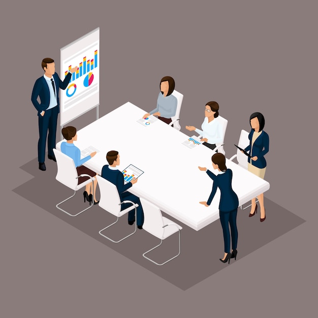 Isometric people, businessmen 3D business woman. Education, business training, business discussion stategii. Office workers on a dark background