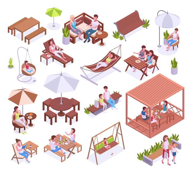 裏庭でくつろぐアイソメ人々サマーハウスの庭の家具とテラスで時間を過ごす人々のくつろぐキャラクター3Dベクトルイラストセットホームテラス家具