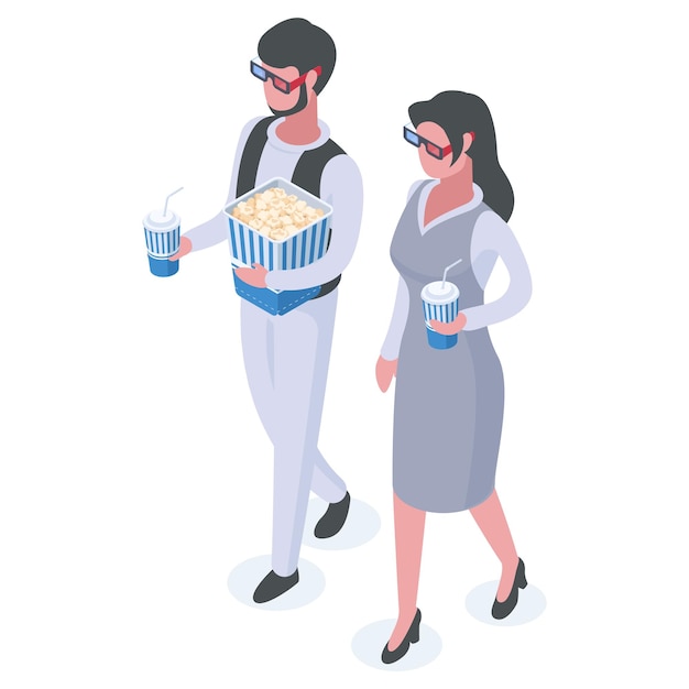 Isometric people in cinema theatre Movie theatre visitors couple carrying popcorn soda wearing 3D glasses flat vector illustration on white background