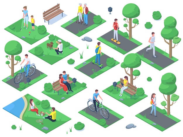 Persone isometriche nel parco cittadino, attività all'aperto, attività ricreative sportive da picnic. ricreazioni attive estive all'aperto, picnic, set di illustrazioni vettoriali per attività portuali. scene del parco cittadino