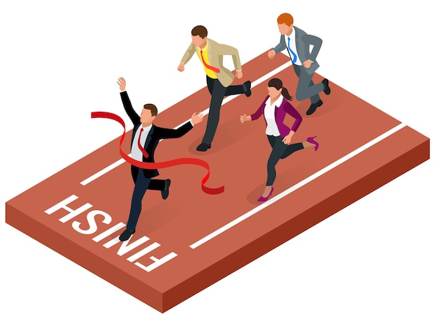 Isometric people. Entrepreneur businessman leader. Businessman and his business team crossing finish line and tearing red ribbon finishing first in a market race. Flat style vector illustration.