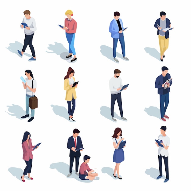 Vector isometric people and gadgets young men and women characters with smartphones and gadgets vector