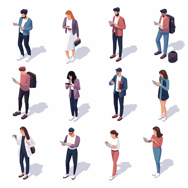 Vector isometric people and gadgets young men and women characters with smartphones and gadgets vector