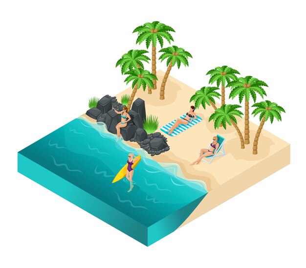 Isometric people of the girl, 3D tourists, girls rest on the beach of sefi on rocks, beach, sand, palms, rest, sunbathe, women in swimsuits, surfboard, girls in the water