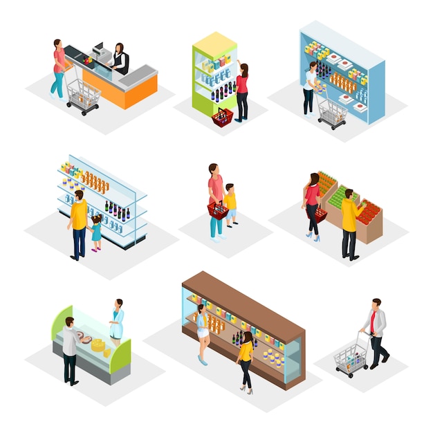 Vector isometric people in grocery shop set