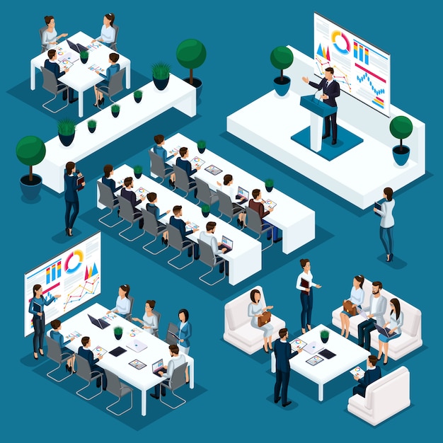 Isometric people person, 3d businessmen, leader's speech on demand, indicators and schedules educational process, coaching, business conference, young entrepreneurs