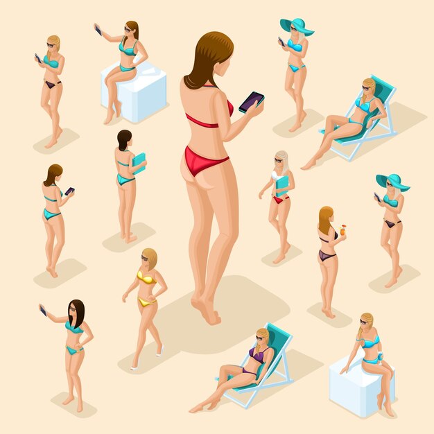 Isometric people person 3d tourists Big girl relaxing on beach sand palm trees