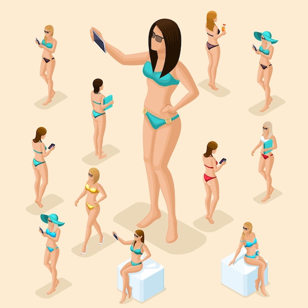 Isometric people person 3d tourists Big girl relaxing on beach sand palm trees