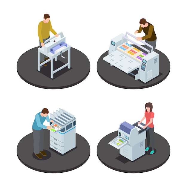 Vector isometric people printing set