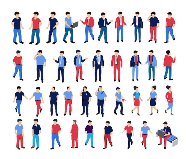 Isometric people set performing various activities