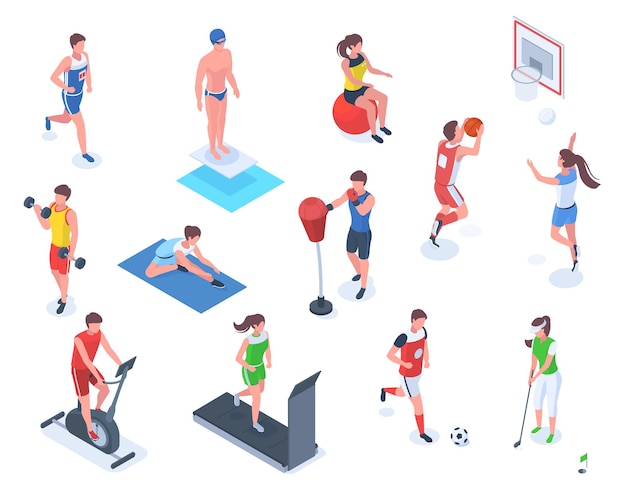 Isometric people do sports boxing golf and fitness Characters do outdoor and indoor sports vector illustration set Professional athletes exercising working out with dumbbells stretching