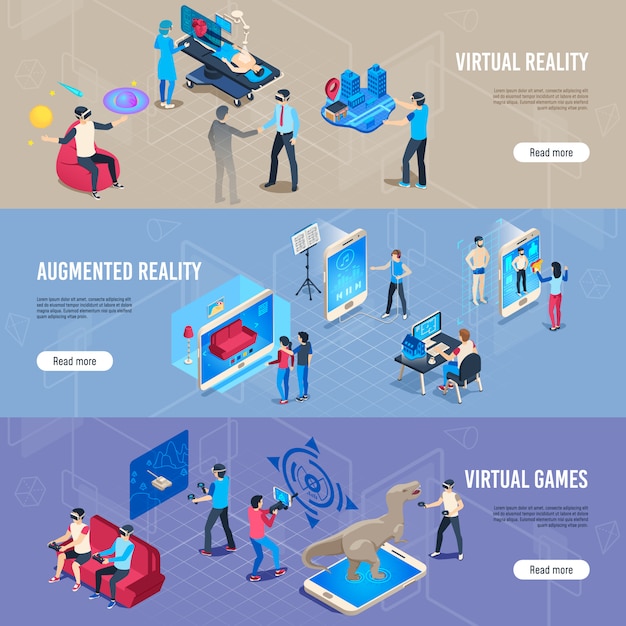 Isometric people in vr, portable virtual reality simulation headset banner collection