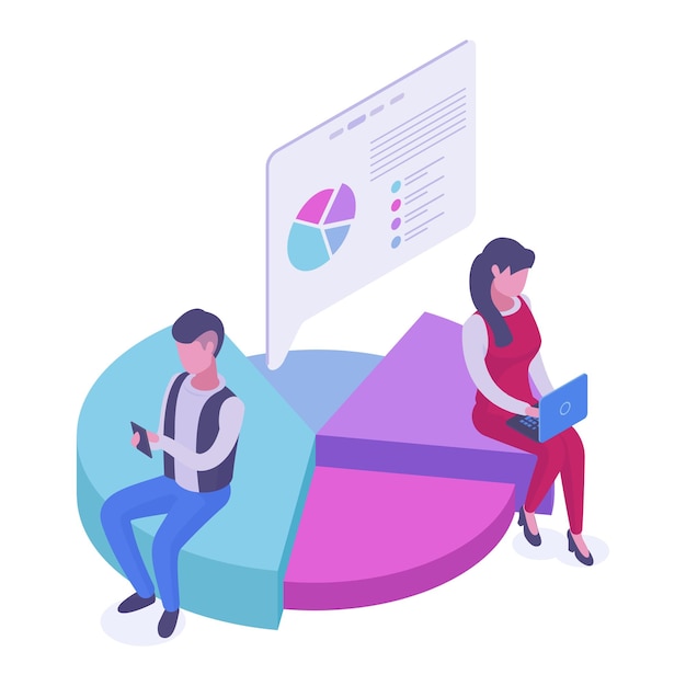 Isometric people with business diagram chart statistics analysis chart pie statistic 3d financial analysis vector illustration