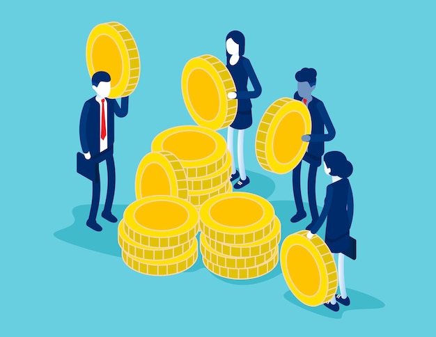 Vector isometric people with golden coins stack them in piles