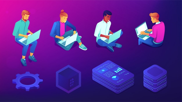 Vector isometric people with laptops and technology elements set.