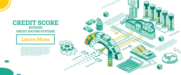 Isometric personal credit score or rating concept credit score calculated in computer's cloud