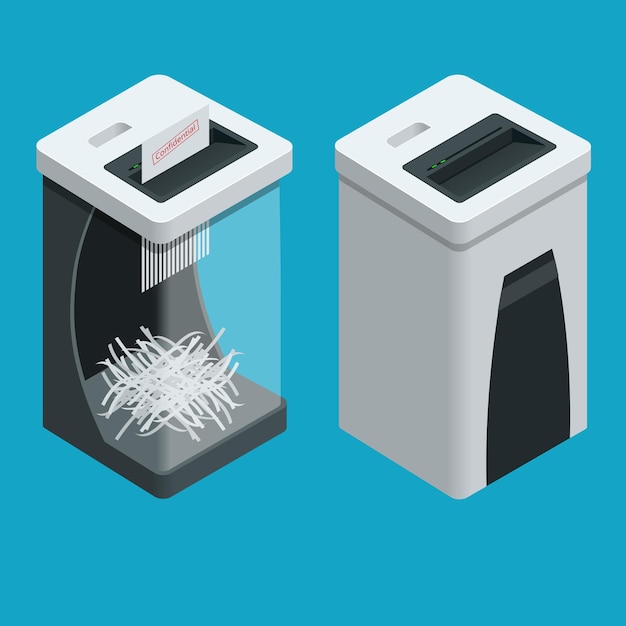 Vector isometric personal paper shredder. two documents shredders with paper inside isolated on the background.