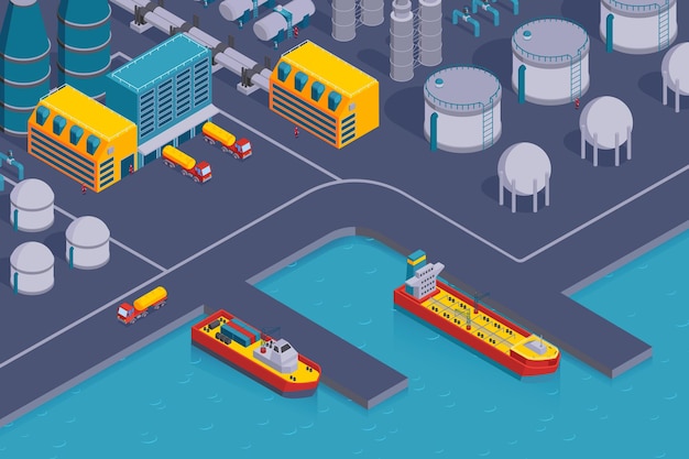 Isometric petroleum industry horizontal composition with view of coast station with plant buildings and cargo ships