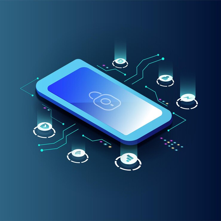 Vector isometric phone locked with icons 3d