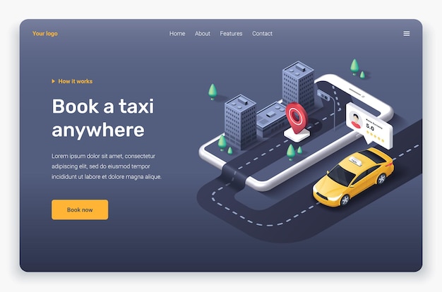 Telefono isometrico con taxi, città, pin di posizione e valutazione del conducente. modello di pagina di destinazione.