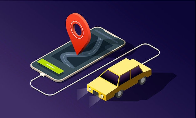 Vector isometric phone with yellow car, red location pin on dark background.