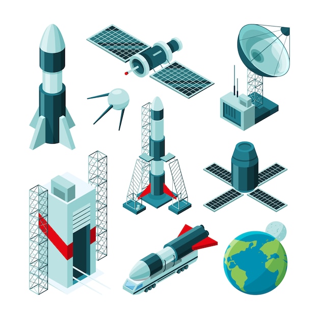 Vettore immagini isometriche di diversi strumenti e costruzioni per il centro spaziale.
